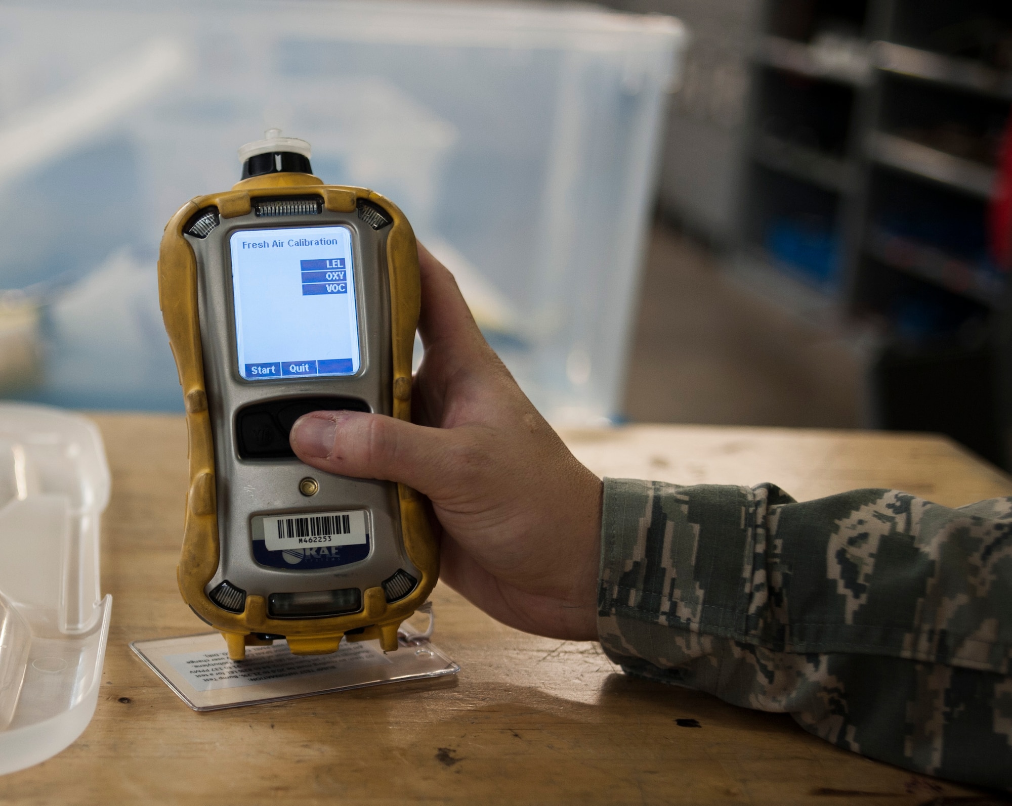 U.S. Air Force Staff Sgt. Adrian Gonzalez, an aircraft fuel systems craftsman assigned to the 6th Maintenance Squadron calibrates a photoionization detector used during fuel systems maintenance at MacDill Air Force Base, Fla., May 30, 2018.