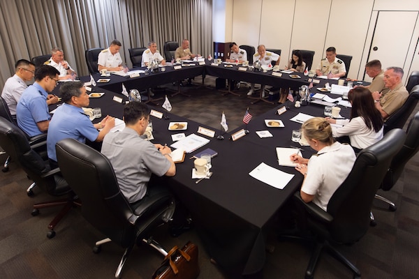 Marine Corps Gen. Joe Dunford, chairman of the Joint Chiefs of Staff, meets with Republic of Korea Air Force Gen. Jeong Kyeongdoo, ROK chairman of the Joint Chiefs of Staff, and Japan Navy Adm. Katsutoshi Kawano, Japan Self-Defense Force chairman of the Joint Chiefs of Staff, for a trilateral meeting at the U.S. Pacific Command Headquarters May 29, 2018.