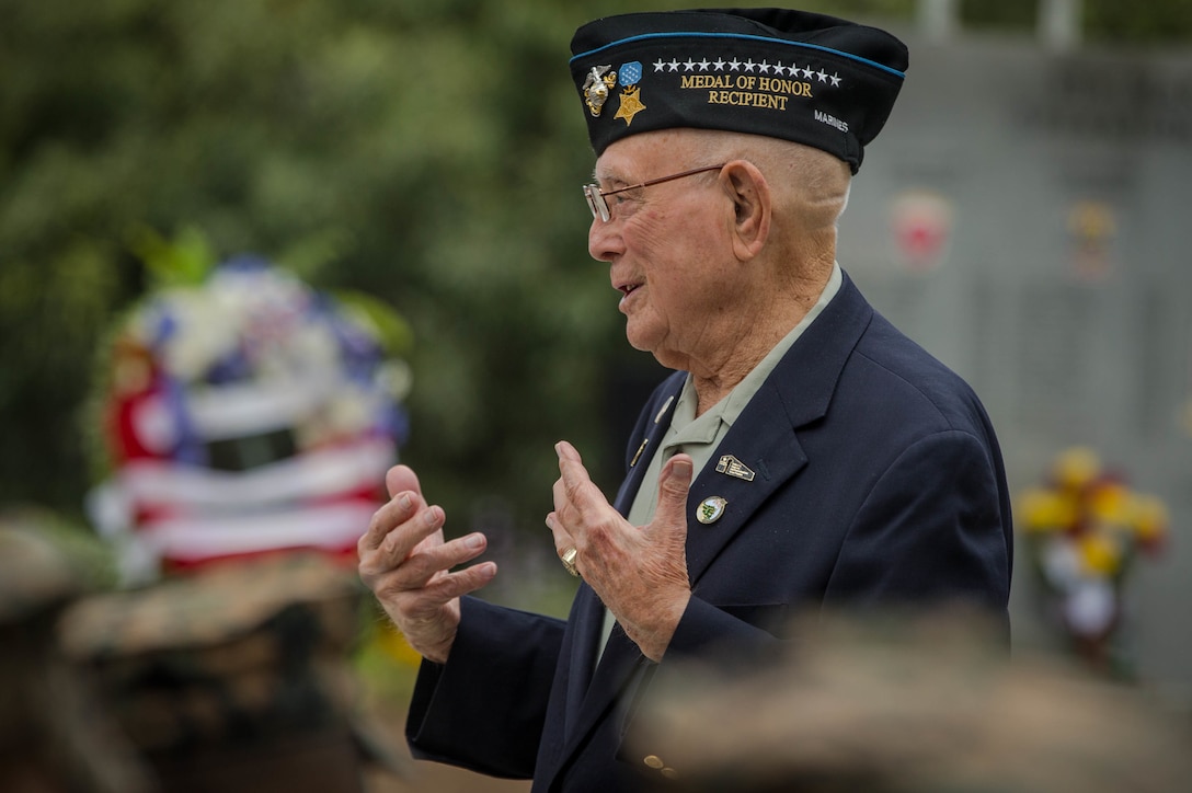 Retired U.S. Marine Corps Chief Warrant Officer 4 Hershel “Woody” Williams, the last surviving Medal of Honor recipient of the battle of Iwo Jima, speaks to Marines during his visit to the 5th Marine Regiment Vietnam War Memorial at Marine Corps Base Camp Pendleton, Calif., May 29, 2018.