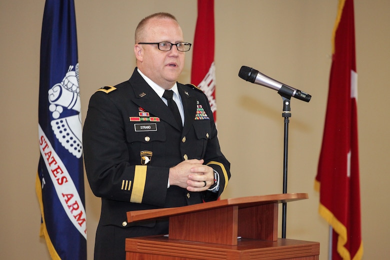 Newly promoted Maj. Gen. Stephan Strand, U.S. Army Corps of Engineers Deputy Commanding General for Reserve Affairs, addresses attendees during his promotion ceremony May 31 at Redstone Arsenal, Alabama. Strand has served in the Army Reserve for more than 32 years and is responsible for the policies, procedures, and command guidance on issues concerning reserve component engineer resources.