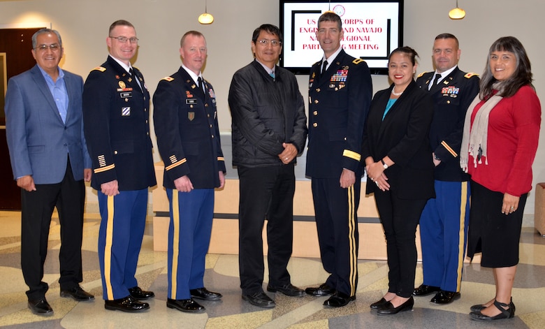 (l-r): Garrett Silversmith, director, Navajo Nation Department of Transportation; Lt. Col. James Booth, Albuquerque District commander; Col. Kirk Gibbs, Los Angeles District commander; Jonathan Nez, vice-president, Navajo Nation; Brig. Gen. Peter Helmlinger, South Pacific Division commander; Clara Pratte, Navajo Nation chief of staff; Col. David Ray, Sacramento District commander; Bidtah Becker, director, Navajo Nation Department of Natural Resources, April 23, 2018.