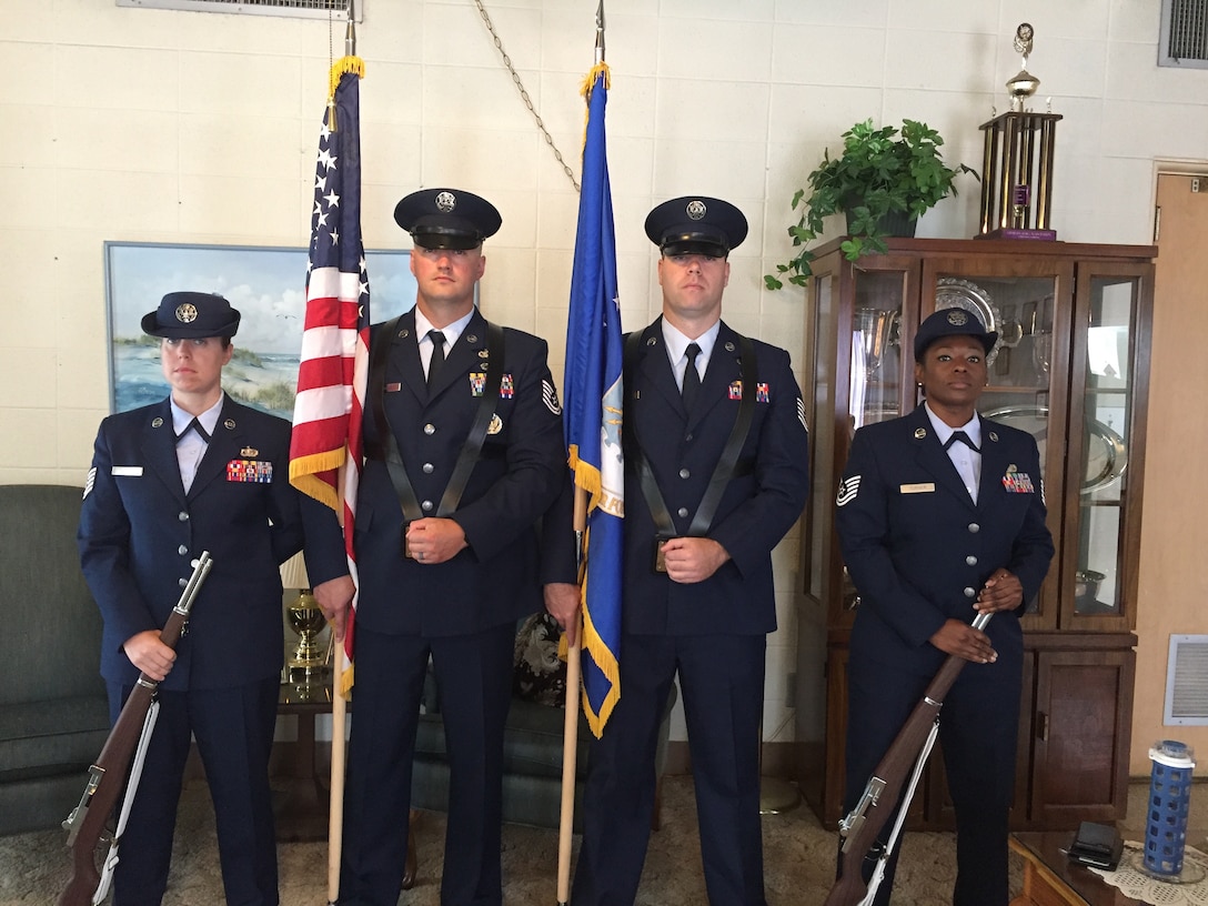 USAFSIA Color Guard, left to right, SA Jessica Goins, SA Nathan Farber, Tech. Sgt. Tyson Andersen and SA Tamisha Turner presented the colors to open the Glynn County, Ga., Memorial Day Ceremony May 28. 2018. (Photo courtesy of USAFSIA)