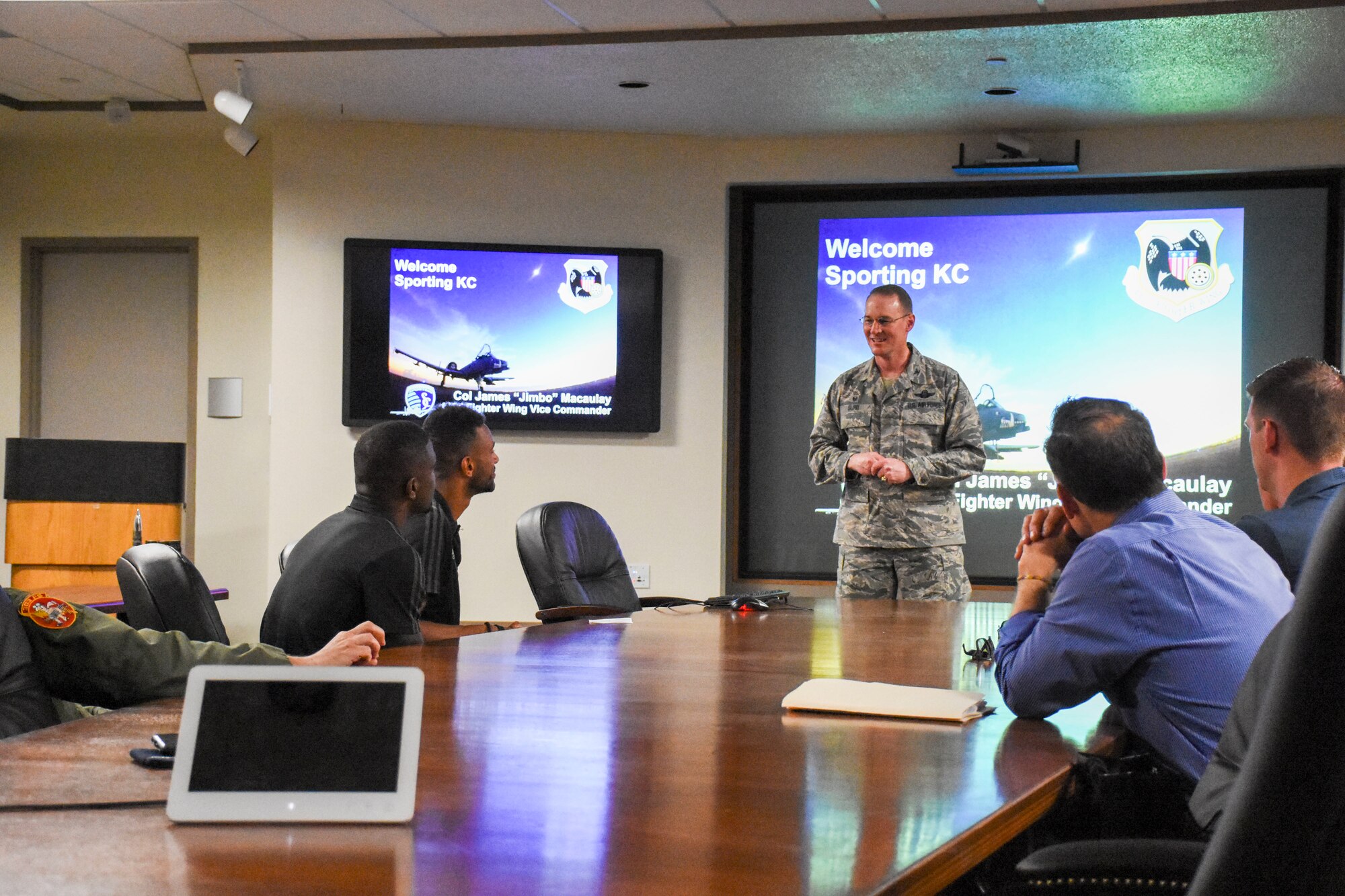Players and executives from Sporting Kansas City paid a visit to the 442d Fighter Wing at Whiteman Air Force Base, Mo., May 30, 2018.