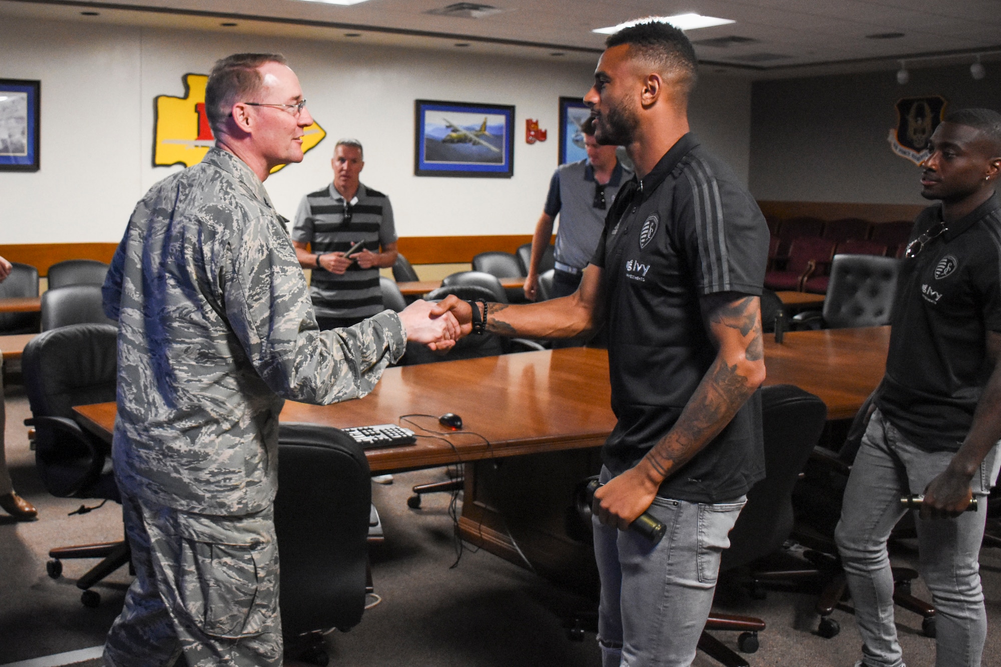 Players and executives from Sporting Kansas City paid a visit to the 442d Fighter Wing at Whiteman Air Force Base, Mo., May 30, 2018.