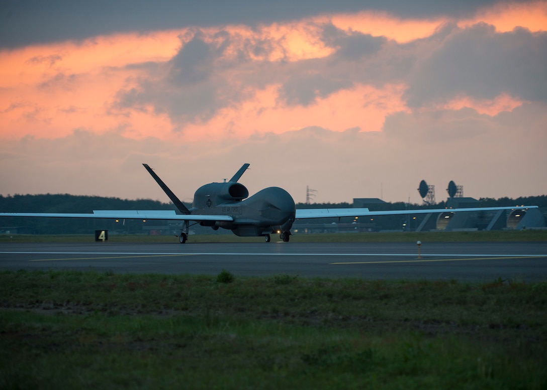 An RQ-4 Global Hawk, assigned to the 69th Reconnaissance Group, Detachment 1, Andersen Air Force Base, Guam, lands at Misawa Air Base, Japan, June 1, 2018, for a temporary intra-theater routine deployment.