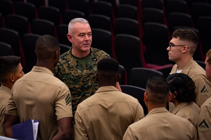 Brig. Gen. Daniel B. Conley, commanding general of 3rd Marine Logistics Group, speaks to a group of his Marines before a transfer of command ceremony June 1, 2018 at Camp Foster, Okinawa, Japan. Conley passed command of 3rd MLG to Col. Ronald C. Braney, commanding officer of 3rd MLG, during the ceremony. Conley is a native of Falmouth, Massachusetts. Braney is a native of Manlius, New York. (U.S. Marine Corps photo by Cpl. Joshua Pinkney)