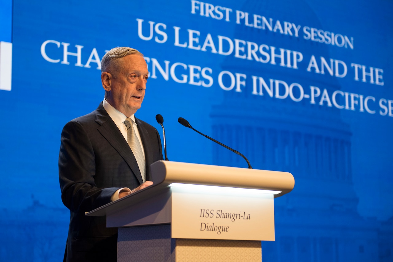 Defense Secretary James N. Mattis delivers remarks during the opening session of the Shangri-La Dialogue.