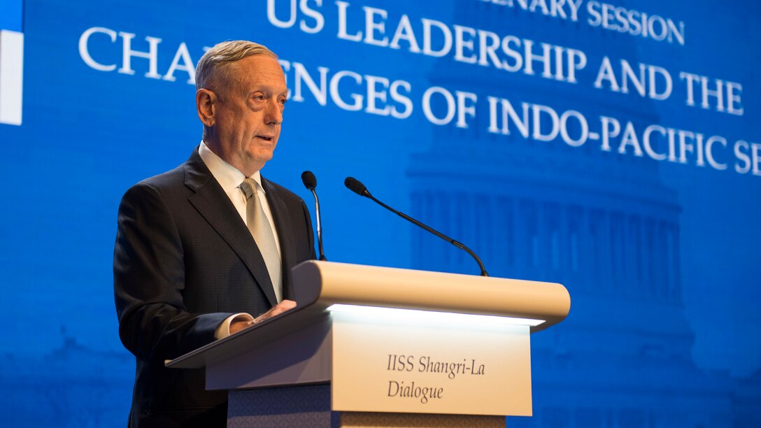 Defense Secretary James N. Mattis delivers remarks during the opening session of the Shangri-La Dialogue.