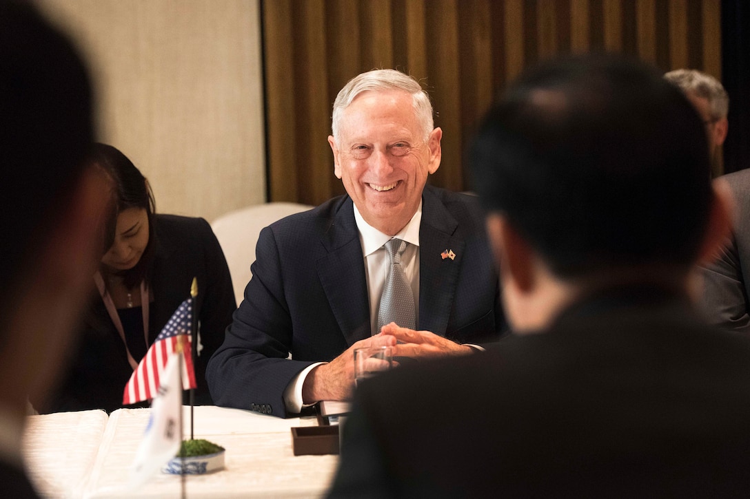 Defense Secretary James N. Mattis meets with South Korean Defense Minister Song Young-moo.