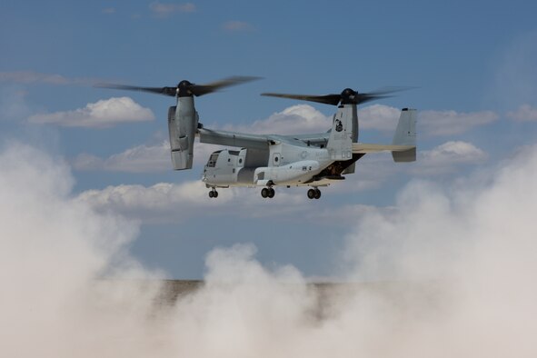 A U.S. Marine Corps MV-22 Osprey prepares to land on a landing zone at an undisclosed location, May 18, 2018. The 441st Air Expeditionary Squadron at the landing zone supports all joint and coalition operations in support of Operation Inherent Resolve. (U.S. Air Force photo by Tech. Sgt. Caleb Pierce)