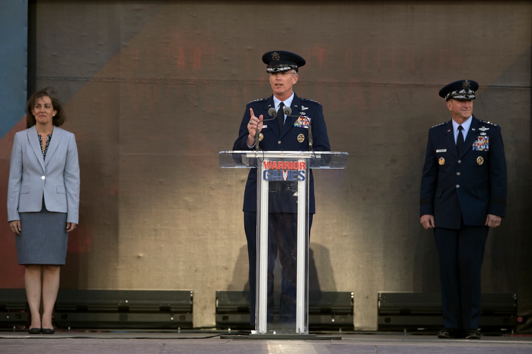 Air Force Gen. Paul J. Selva, vice chairman of the Joint Chiefs of Staff, speaks from a stage.