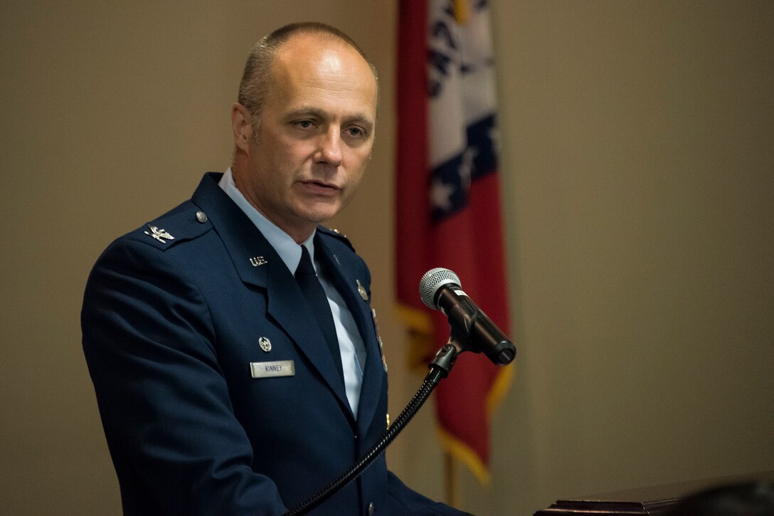 Col. Robert I. Kinney, 188th Wing commander, delivers remarks during an Assumption of Command ceremony held June 2, 2018 at Ebbing Air National Guard Base, Arkansas. Lt. Col. Sara A. Stigler assumed command of the 188th Intelligence, Surveillance and Reconnaissance Group. (U.S. Air National Guard photo by Tech. Sgt. John E. Hillier)