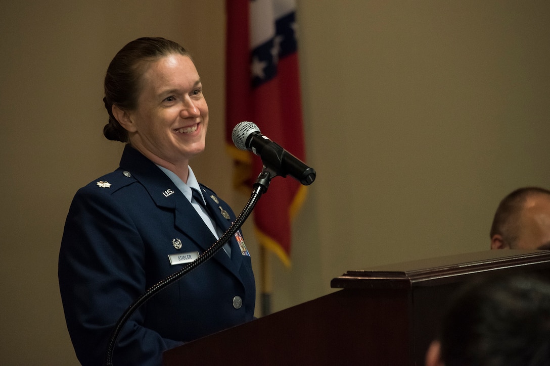 Lt. Col. Sara A. Stigler, 188th Intelligence, Surveillance and Reconnaissance Group commander, delivers remarks during an Assumption of Command ceremony held June 2, 2018 at Ebbing Air National Guard Base, Arkansas. Stigler, a career intelligence officer, assumed command of the 188th Intelligence, Surveillance and Reconnaissance Group. (U.S. Air National Guard photo by Tech. Sgt. John E. Hillier)
