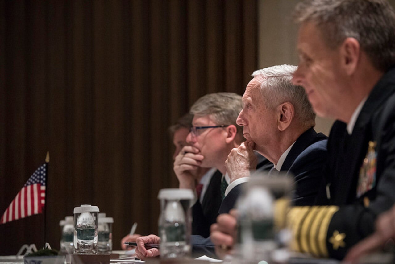 Defense Secretary James N. Mattis meets with Australian Minister of Defense Marise Payne and Japanese Minister of Defense Itsunori Onodera at the 2018 International Institute for Strategic Studies Shangri-La Dialogue in Singapore, June 2, 2018. Over the past two days at the summit, Mattis has met with several regional leaders to build upon partnerships and discuss defense strategies. DoD photo by Air Force Tech Sgt. Vernon Young Jr.