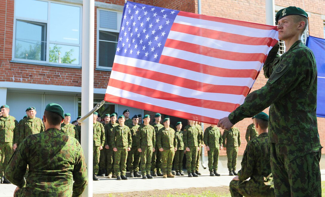 Lithuanian soldiers prepare for the opening ceremony of Saber Strike 18 at Vilnius, Lithuania