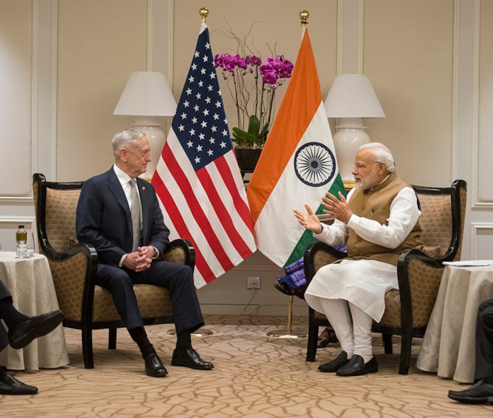 Defense Secretary James N. Mattis meets with Indian Prime Minister Narendra Modi at the Fullerton Hotel in Shangri-La, Singapore, June 2, 2018. The two met to discuss enduring partnerships during the Shangri-La Dialogue. Mattis met with several Indo-Pacific regional leaders to discuss regional security issues over the course of the Singapore summit. DoD photo by Air Force Tech Sgt. Vernon Young Jr.