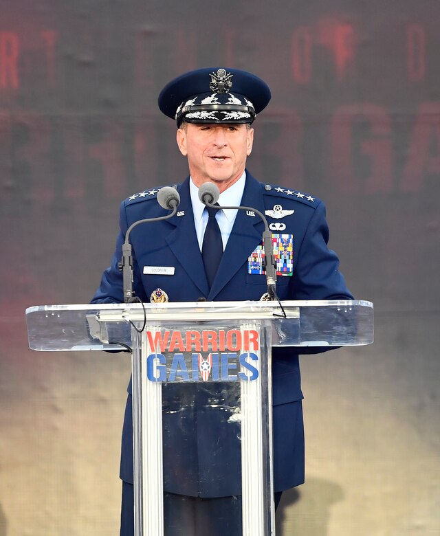 Chief of Staff of the Air Force Gen. David L. Goldfein speaks during the opening ceremony of the Department of Defense Warrior Games at the U.S. Air Force Academy in Colorado Springs, Colorado, June 2, 2018. First held in Colorado Springs in 2010, the Warrior Games were established as a way to enhance the recovery and rehabilitation of wounded, ill, and injured service members and expose them to adaptive sports. This year, the Games have returned to Colorado Springs, with the Air Force acting as the host service. (U.S. Air Force photo by Staff Sgt. Rusty Frank)