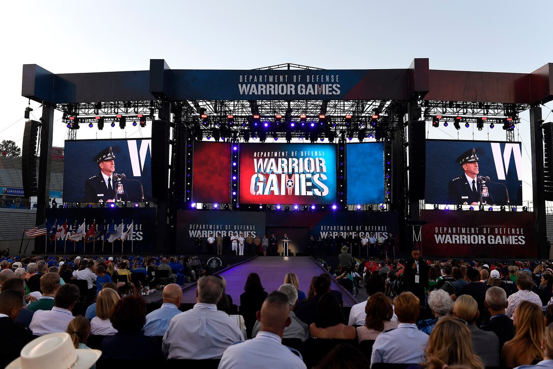 Chief of Staff of the Air Force Gen. David L. Goldfein speaks during the opening ceremony of the Department of Defense Warrior Games at the Air Force Academy in Colorado Springs, Colorado, June 2, 2018. First held in Colorado Springs in 2010, the Warrior Games were established as a way to enhance the recovery and rehabilitation of wounded, ill, and injured service members and expose them to adaptive sports. This year, the Games have returned to Colorado Springs, with the Air Force acting as the host service. (U.S. Air Force photo by Staff Sgt. Rusty Frank)