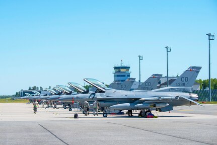 Ten F-16 Fighting Falcon aircraft from the 120th Fighter Squadron, 140th Wing, Colorado Air National Guard, are being inspected by the maintenance crew  at Amari Air Base, Estonia, in support of Saber Strike 18, June 1, 2018.  Saber Strike 18 is the eighth iteration of the long-standing U.S. Army Europe-led cooperative training exercise designed to enhance interoperability among allies and regional partners. This year's exercise will take place June 3-15, focusing on improving land and air operational capabilities with an additional key objective to train with NATO's enhanced Forward Presence.