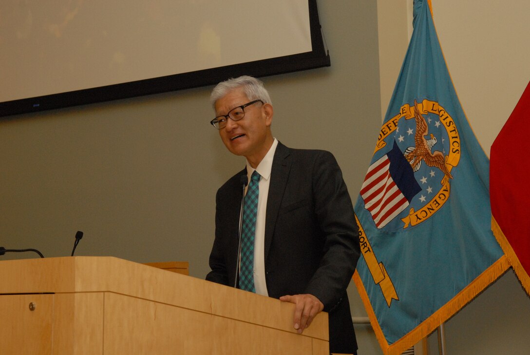 Architect, engineer and entrepreneur Timothy Haahs speaks to DLA Troop Support and NAVSUP Weapons Systems Support employees during an Asian American Pacific Islander Heritage Month event in Philadelphia May 24, 2018. Haahs discussed his experiences growing up in a leper colony in South Korea, coming to the U.S. when he was 12 years old, receiving two heart transplants and becoming a U.S. Senate-confirmed appointee to the Board of Directors of the National Institute of Building Sciences.