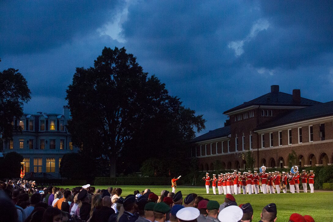 Marines with “The President’s Own” U.S. Marine Band performs a musical ballad during the Friday Evening Parade at Marine Barracks Washington, June 1, 2018. The hosting official for the parade was Lt. Gen. Rex McMillian, commanding general, Marine Forces Reserve and Marine Forces North, and the guest of honor was retired Lt. Gen. Robert M. Shea, chairman of Marine Toys for Tots Foundation Board of Directors and president and CEO of the Armed Forces Communications and Electronics Association. (Official Marine Corps photo by Sgt. Robert Knapp/Released)