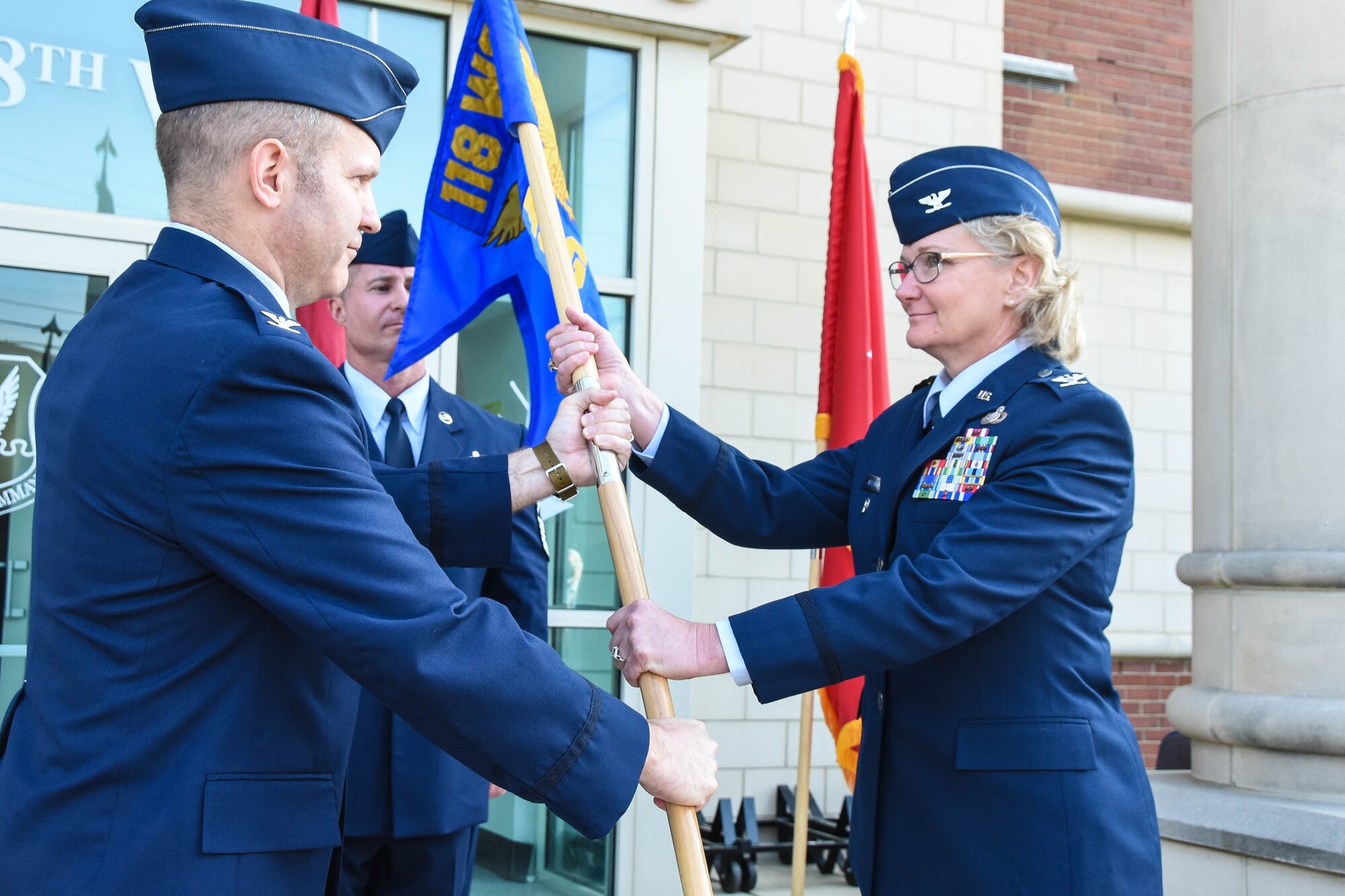 Col. Lawana Nelson receives the guideon at the change of command ceremony for the 118th Mission Support Group at the 118th Wing in Nashville, Tennessee June 2, 2018.