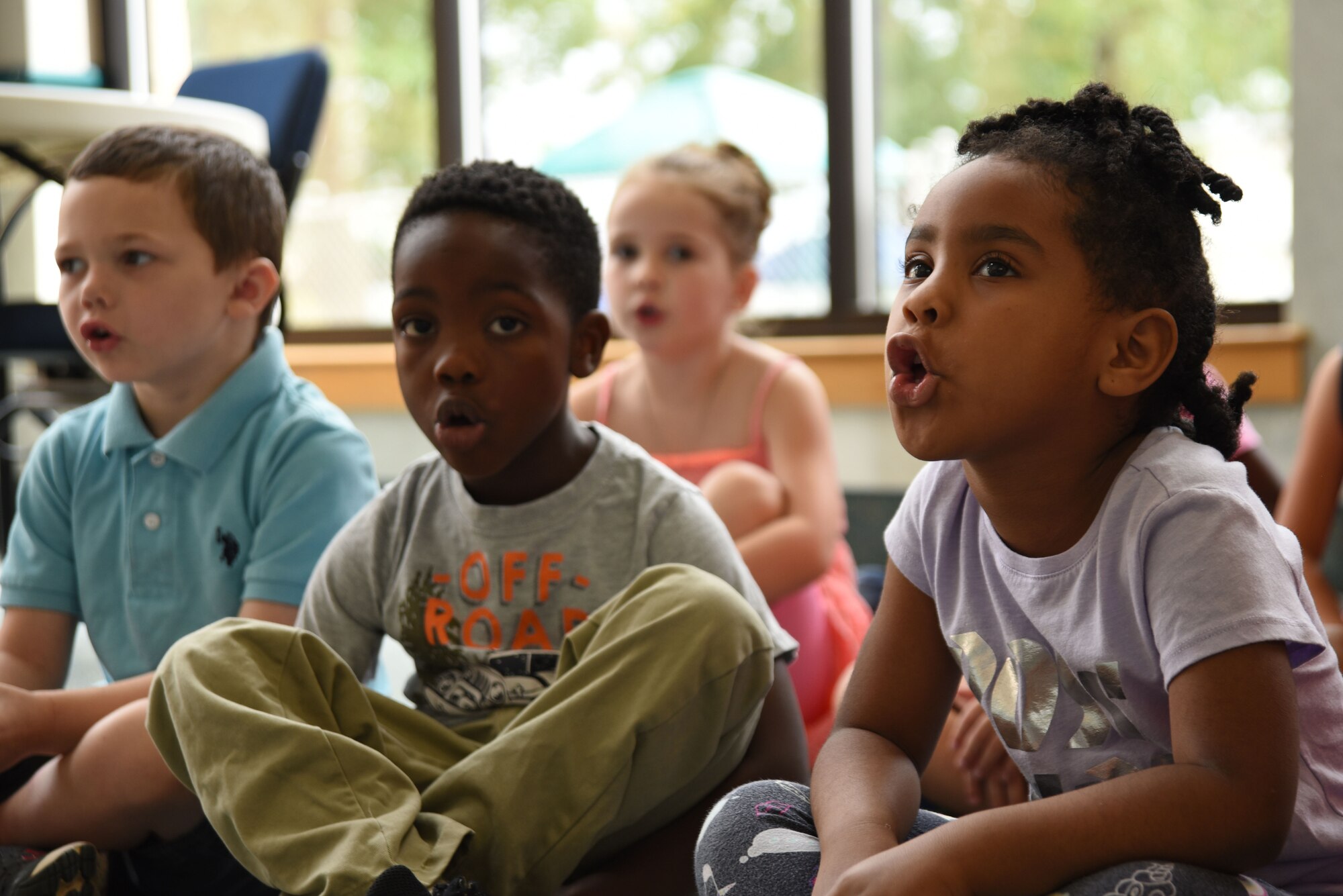 South Carolina First Steps 4K students recite the alphabet in class at the Child Development Center at Shaw Air Force Base, S.C., May 31, 2018.