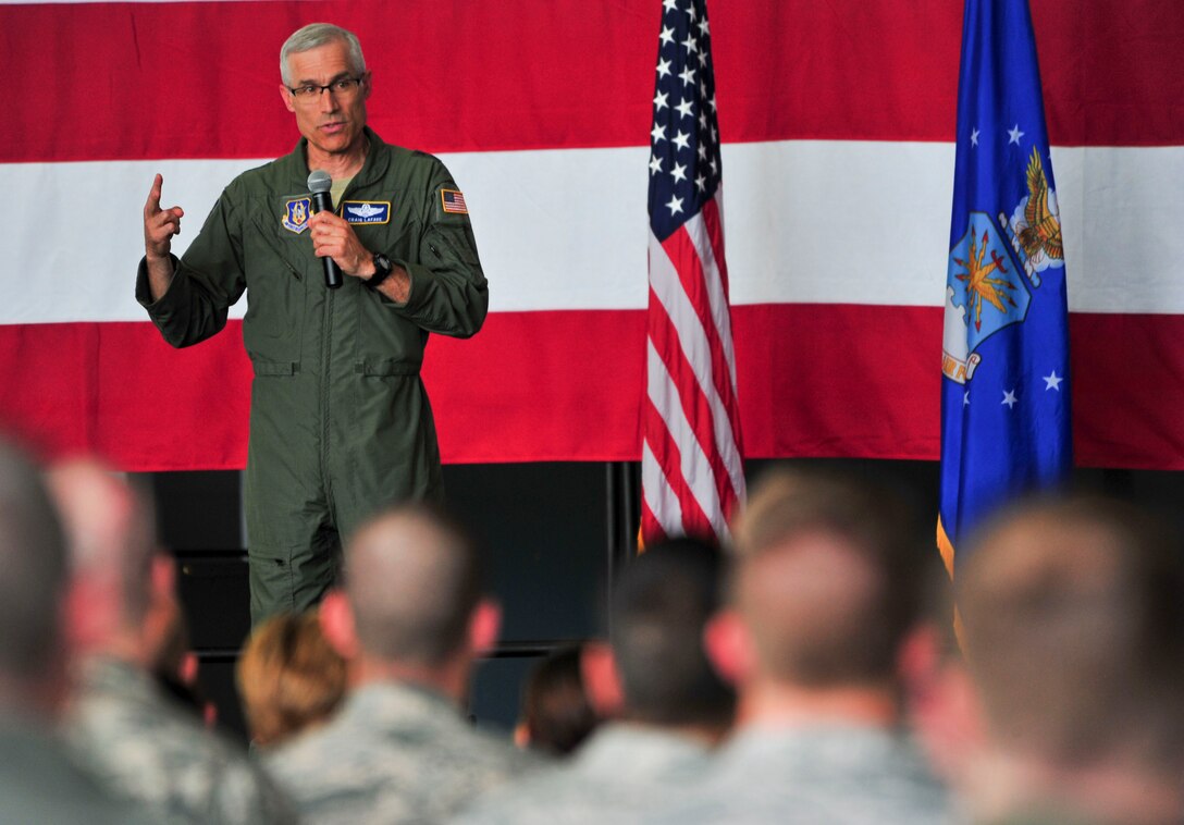 Maj. Gen. Craig L. La Fave, the commander of the 22nd Air Force, talks to the 910th Airlift Wing Reserve Citizen Airmen during a Youngstown Air Reserve Station all call in a C-130H Hercules aircraft hangar on June 2.