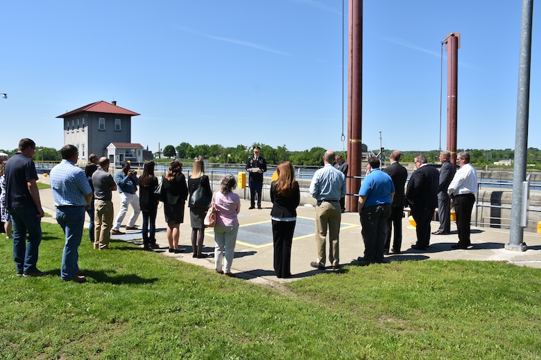 Col. Asbery, commander, U.S. Army Corps of Engineers, New York District, gives welcoming remarks at the Troy Lock and Dam Ribbon Cutting Ceremony May 24, 2018.