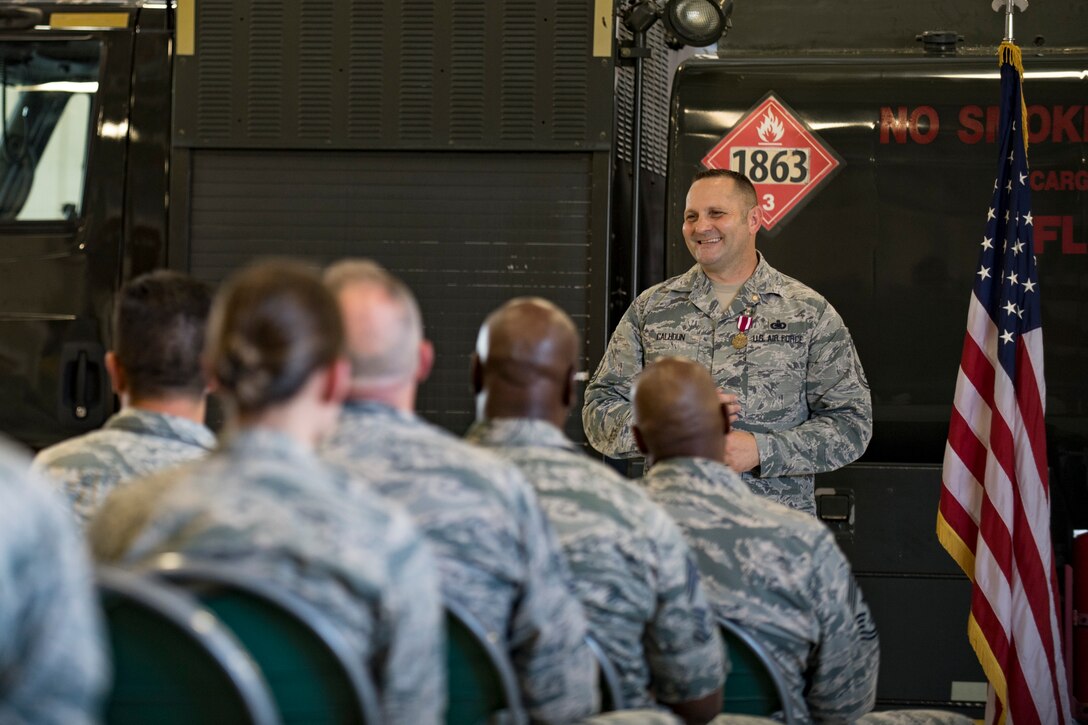 Chief Master Sgt. Jim Calhoun, 23d Logistics Readiness Squadron superintendent, addresses family, friends and colleagues, during his retirement ceremony, June 1, 2017, at Moody Air Force Base, Ga. Calhoun entered the Air Force in August of 1991 and served in numerous positions within fuels management and logistics readiness throughout his career. (U.S. Air Force photo by Senior Airman Daniel Snider)