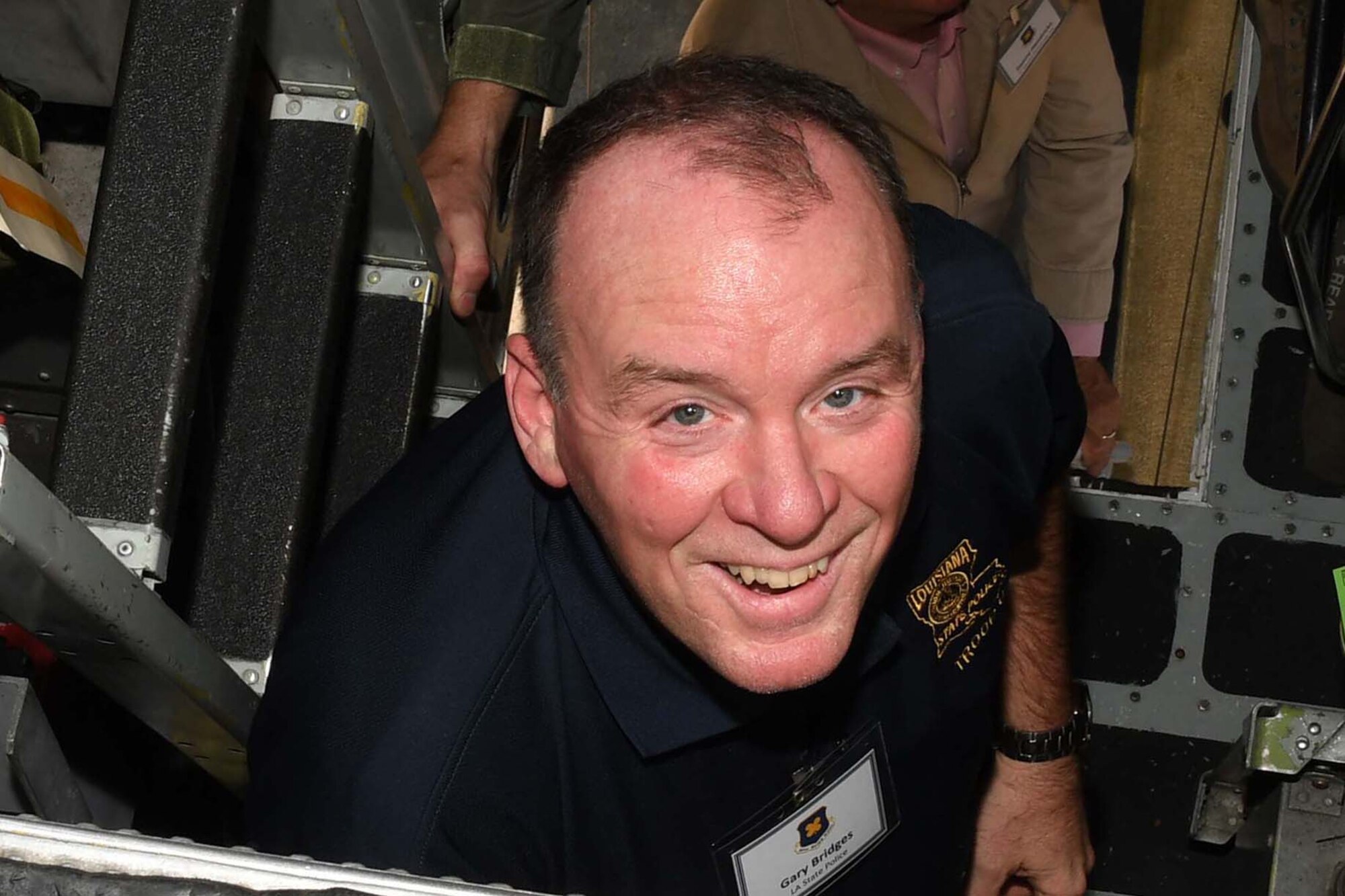 Gary Bridges, of the Louisiana State Police, is all smiles as he climbs into the cockpit of a B-52 Stratofortress at Barksdale Air Force Base, Louisiana, June 2, 2018.  He participated in the 307th Bomb Wing’s Employer Appreciation Day which included a static tour of a B-52 and an air refueling flight aboard a KC-135 Stratotanker. (U.S. Air Force photo by Staff Sgt. Callie Ware/released)