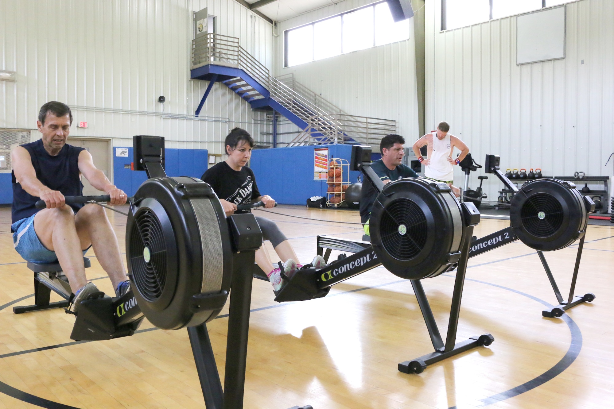 Participants of the May 21 interval training class at the Arnold Air Force Base Fitness Center utilize rowing machines as part of their workout. The class is among several classes and activities offered by the Fitness Center. (U.S. Air Force photo/Bradley Hicks)