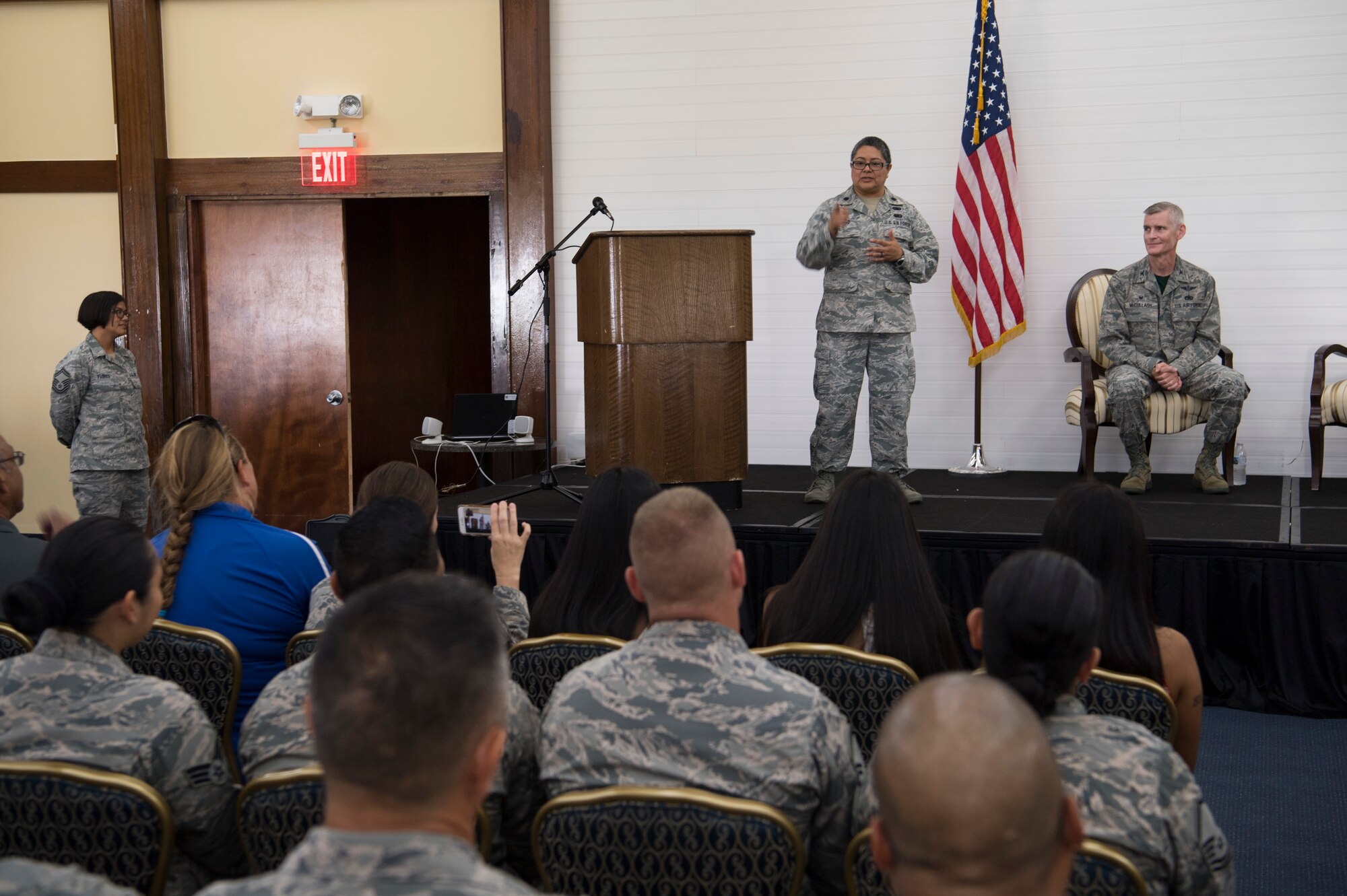 U.S. Air Force Lt. Col. Carla Lugo addresses guest and members of the 44th Aerial Port Squadron after taking command of the squadron during an assumption of command ceremony at Andersen Air Force Base, Guam, June 2, 2018.