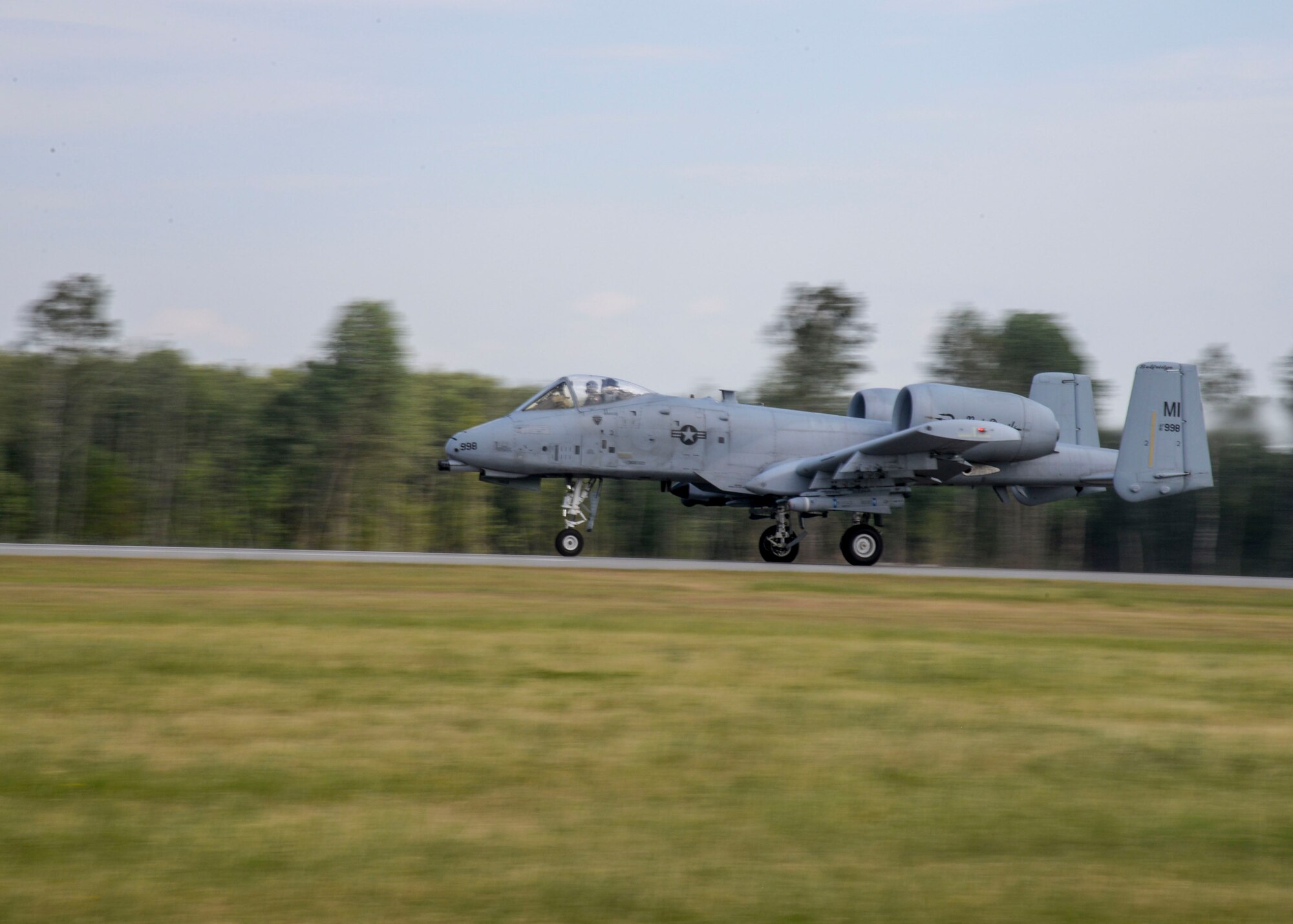 An A-10 Thunderbolt II takes-off from Lielvarde Air Base, Latvia, June 4, 2018.  A-10s were deployed to Europe from the 127th Wing at Selfridge Air National Guard Base, Michigan, to support exercise Saber Strike 18. While flying, A-10 pilots worked on close air support tactics and communication with Joint Terminal Attack Controllers to combine air and land capabilities for U.S. and partnered nations. (U.S. Air Force photo by Staff Sgt. Jimmie D. Pike)