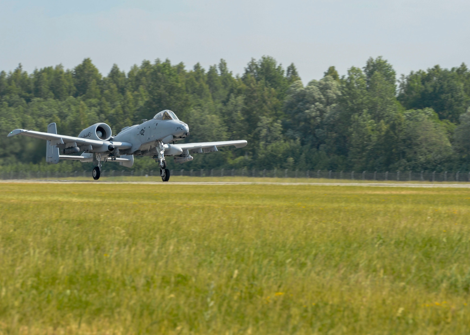 An A-10 Thunderbolt II takes-off from Lielvarde Air Base, Latvia, June 4, 2018.  A-10s were deployed to Europe from the 127th Wing at Selfridge Air National Guard Base, Michigan, to support exercise Saber Strike 18. While flying, A-10 pilots worked on close air support tactics and communication with Joint Terminal Attack Controllers to combine air and land capabilities for U.S. and partnered nations. (U.S. Air Force photo by Staff Sgt. Jimmie D. Pike)