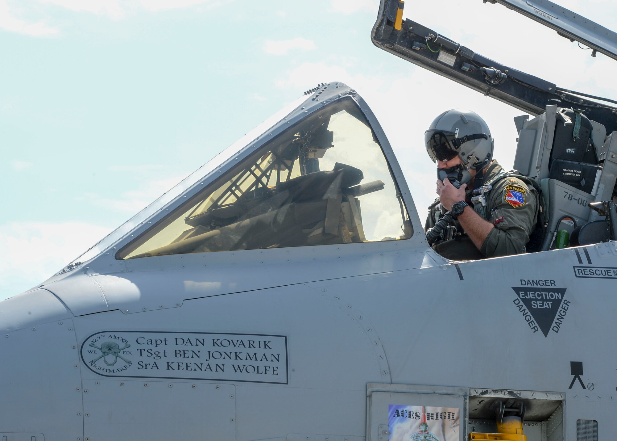 Maj. David Dennis, 107th Fighter Squadron Director of Operations and A-10 pilot, deployed to Europe from the 127th Wing at Selfridge Air National Guard Base, Michigan, completes his pre-flight checklist at Lielvarde Air Base, Latvia, June 4, 2018. Members of the 127th supported Saber Strike 18 to help build U.S. and partner nations’ capabilities. (U.S. Air Force photo by Staff Sgt. Jimmie D. Pike)