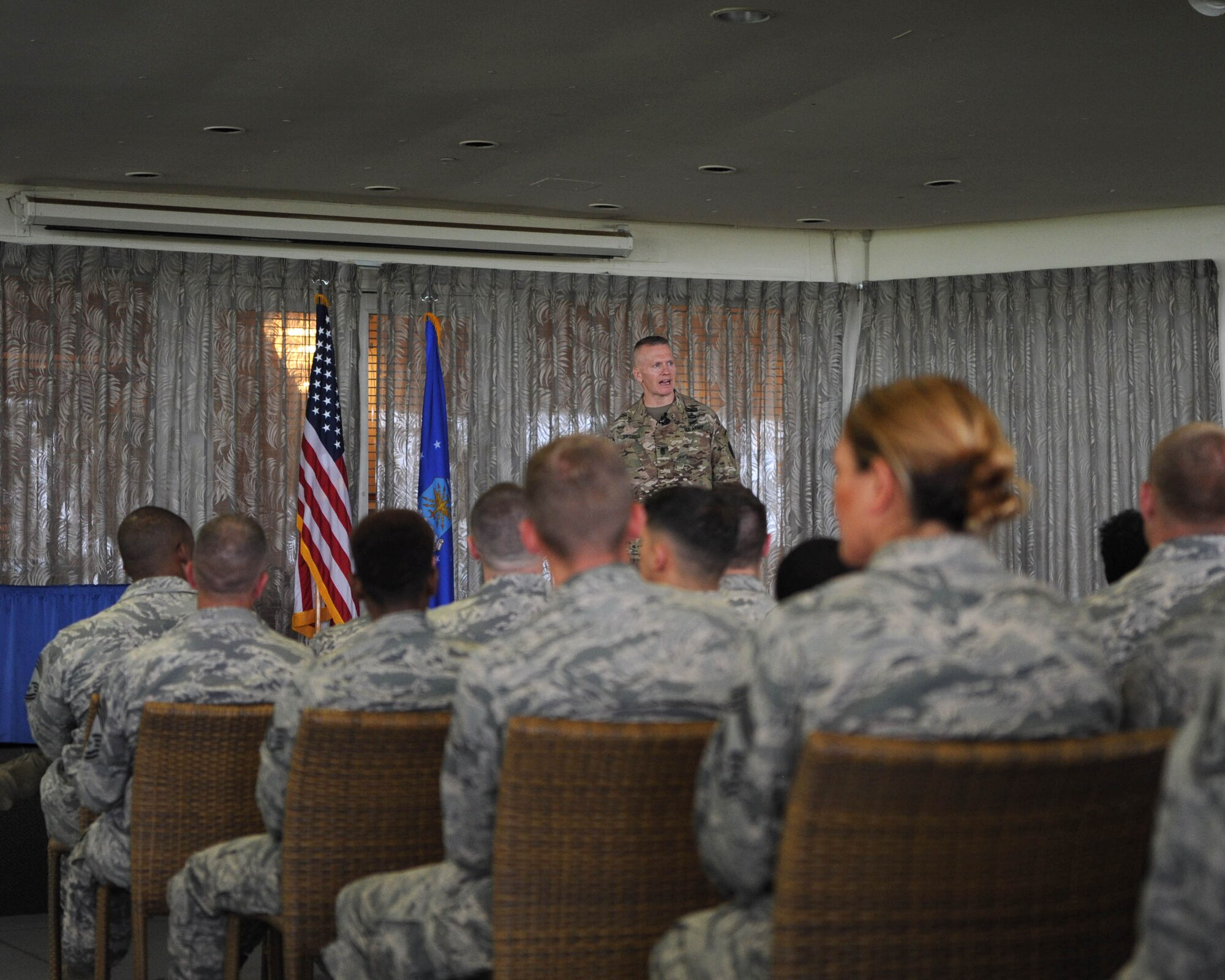 U.S. Army Command Sgt. Maj. John Wayne Troxell, senior enlisted advisor to the chairman of the Joint Chiefs of Staff, speaks with Airmen during an enlisted all-call at Joint Base Pearl Harbor-Hickam, Hawaii, May 29, 2018.  Troxell is the designated senior noncommissioned officer in the U.S. armed forces and advises the Chairman and the Secretary of Defense on all matters involving joint and combined total force integration, utilization, health of the force, and joint development for enlisted personnel. (U.S. Air Force photo by Master Sgt. Taylor Worley)