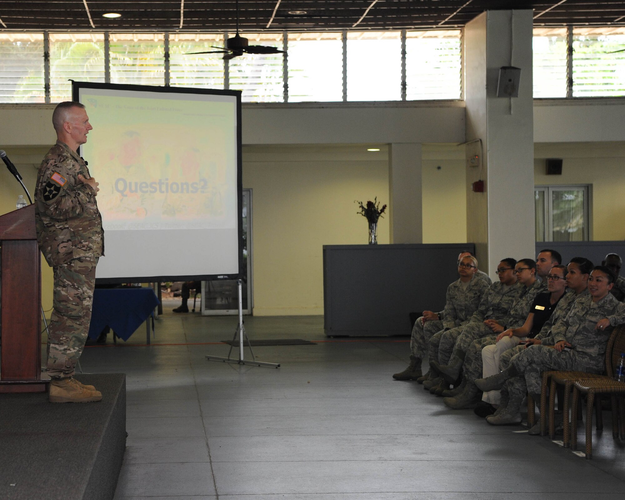 U.S. Army Command Sgt. Maj. John Wayne Troxell, senior enlisted advisor to the chairman of the Joint Chiefs of Staff, takes questions from Airmen during an enlisted all-call at Joint Base Pearl Harbor-Hickam, Hawaii, May 29, 2018. Troxell spent time speaking to Airmen about building relationships with other services and our international partners, total force fitness and the importance of the enlisted force. (U.S. Air Force photo by Master Sgt. Taylor Worley)