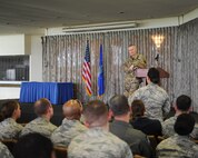 U.S. Army Command Sgt. Maj. John Wayne Troxell, senior enlisted advisor to the chairman of the Joint Chiefs of Staff, takes questions from Airmen during an enlisted all-call at Joint Base Pearl Harbor-Hickam, Hawaii, May 29, 2018. Troxell spent time speaking to Airmen about building relationships with other services and our international partners, total force fitness and the importance of the enlisted force. (U.S. Air Force photo by Master Sgt. Taylor Worley)