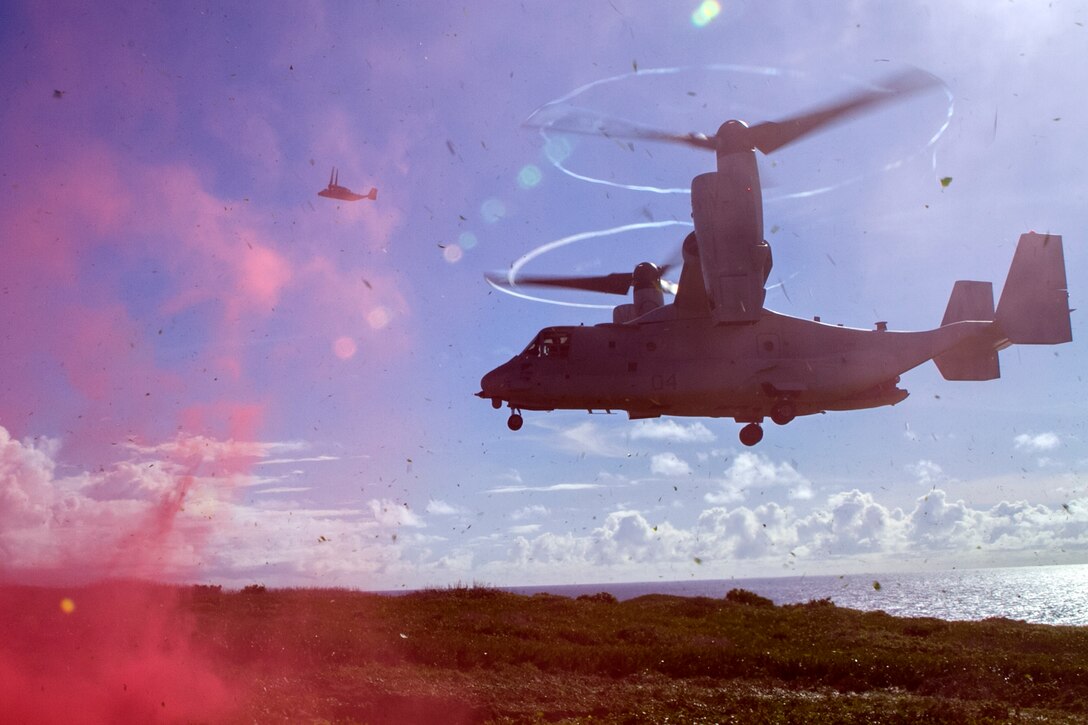 A MV-22B Osprey belonging to Marine Medium Tiltrotor Squadron 262 (Reinforced) prepares to land on Farallon de Medinilla Range, Commonwealth Northern Mariana Islands, Sept. 16, 2016. Valiant Shield is a biennial U.S. Air Force, Navy and Marine Corps exercise held in Guam, focusing on real-world proficiency in sustaining joint forces at sea, in the air, on land and in cyberspace. (U.S. Marine Corps photo by Staff Sgt. T.T. Parish)