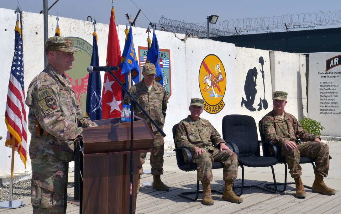 Brig. Gen. Phillip Stewart, Train Advise Assist Command-Air and 438th Air Expeditionary Wing commander, addresses attendees at a Change of Command ceremony June 4, 2018, Kabul, Afghanistan.(U.S. Air Force photo by 1st Lt. Erin Recanzone)