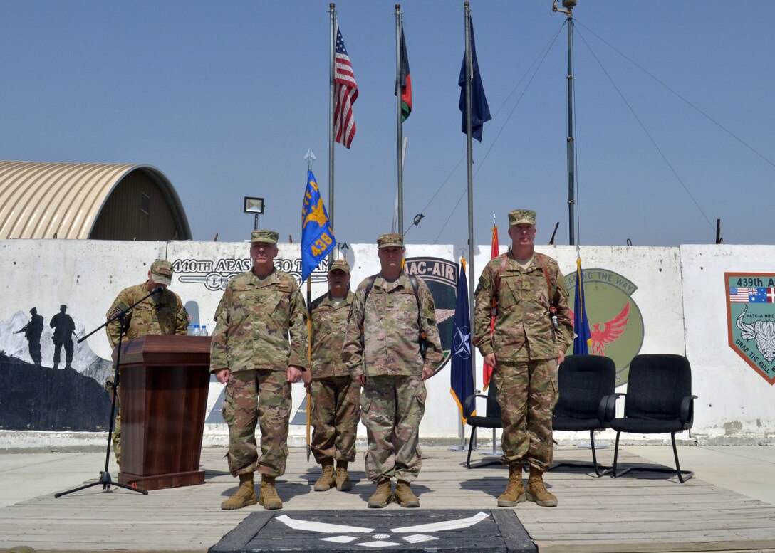 Maj. Gen. Barre Seguin (left), NATO Air Command Afghanistan and 9th Air and Space Expeditionary Task Force-Afghanistan commander, Brig. Gen. Phillip Stewart (center), outbound Train Advise Assist Command-Air and 438th Air Expeditionary Wing commander, and Brig. Gen. Joel Carey (right), inbound Train Advise Assist Command-Air and 438th Air Expeditionary Wing commander prepare for a Change of Command ceremony June 4, 2018, Kabul, Afghanistan. (U.S. Air Force photo by 1st Lt. Erin Recanzone)