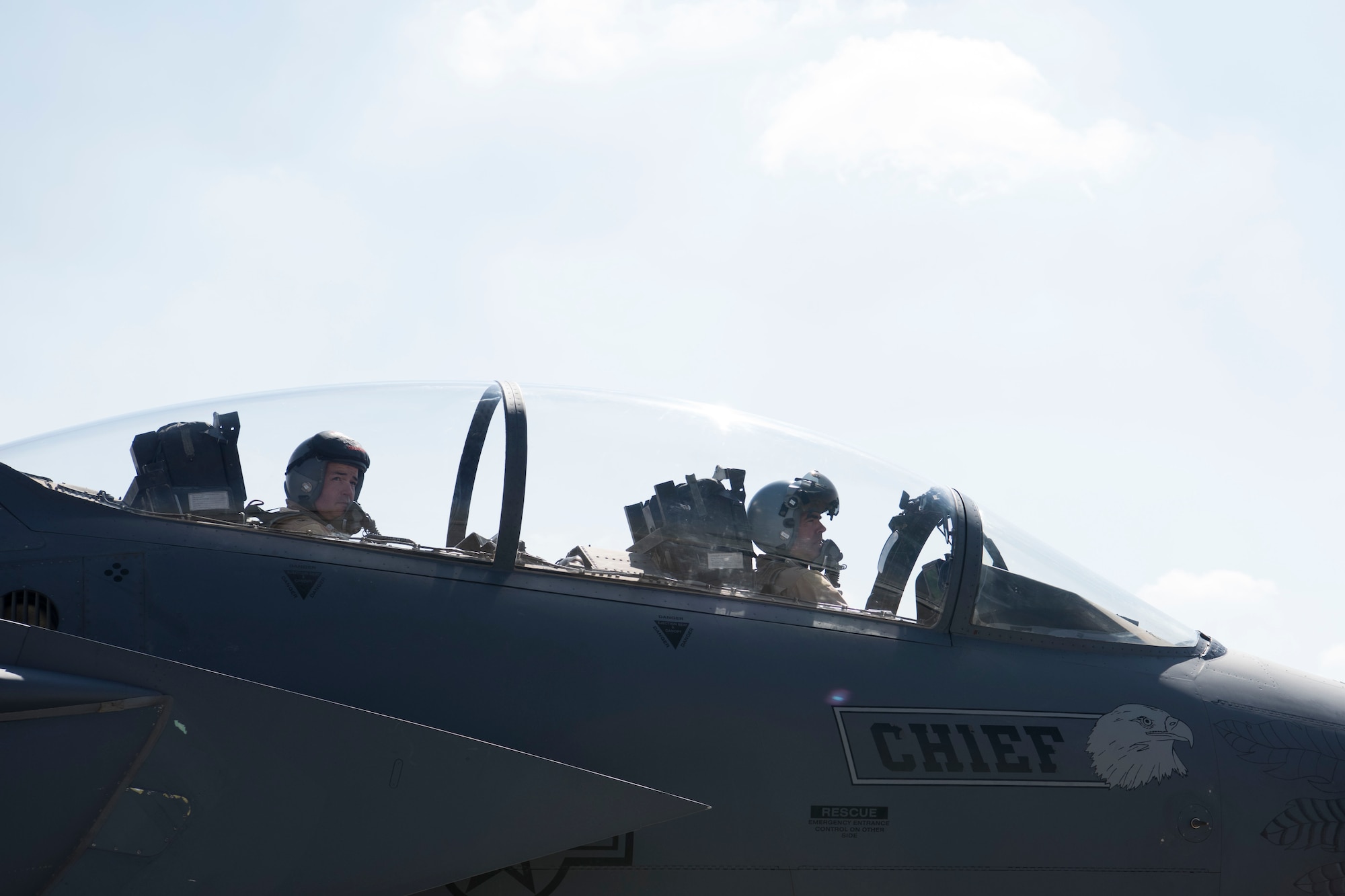 Col. William Marshall (left), 332nd Expeditionary Operations Group commander, and Col. Richard Goodman, 332nd Air Expeditionary Wing vice commander, taxi in an F-15E Strike Eagle, June 2, 2018, at an undisclosed location in Southwest Asia.