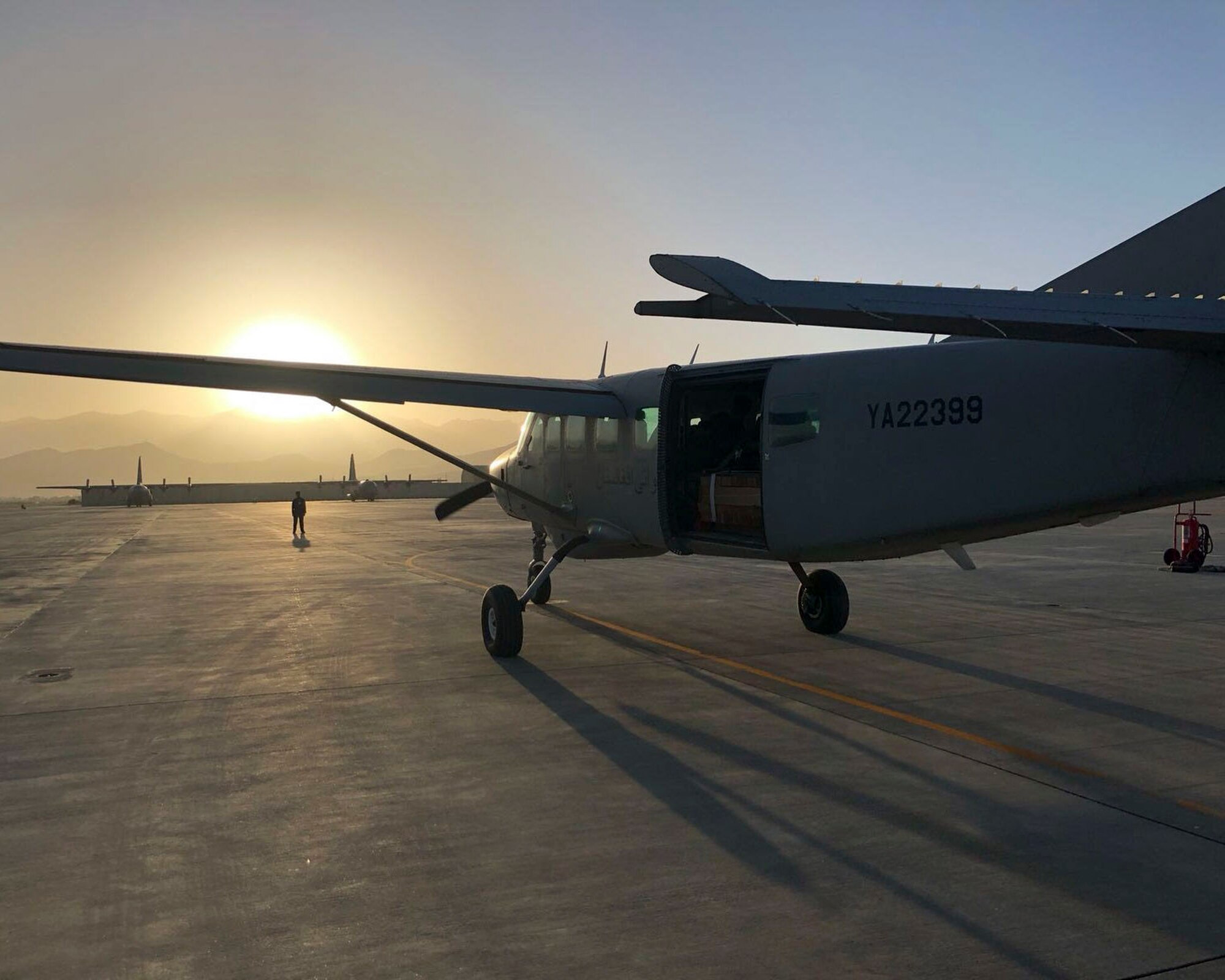 An Afghan Air Force C-208 prepares for take-off after being loaded with almost 1,000 pounds of ammunitions for the AAF’s first emergency air drop June 1, 2018, Kabul Air Wing, Afghanistan.