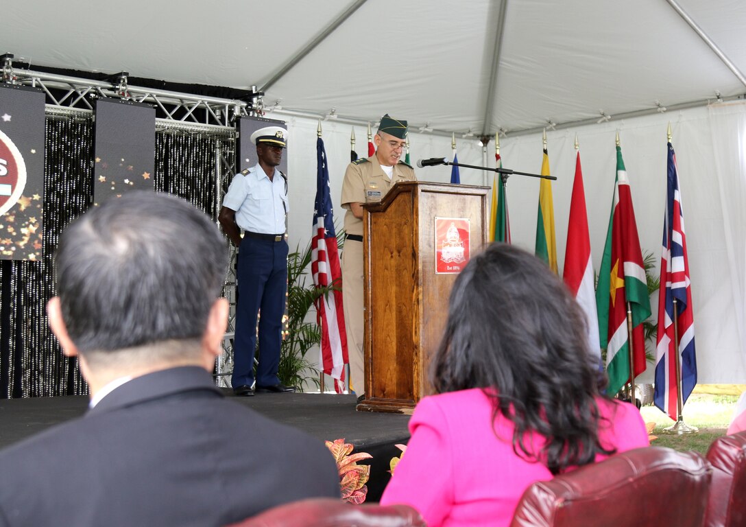 Colombian Brig. Gen. Jaun P. Forero speaks at a podium.