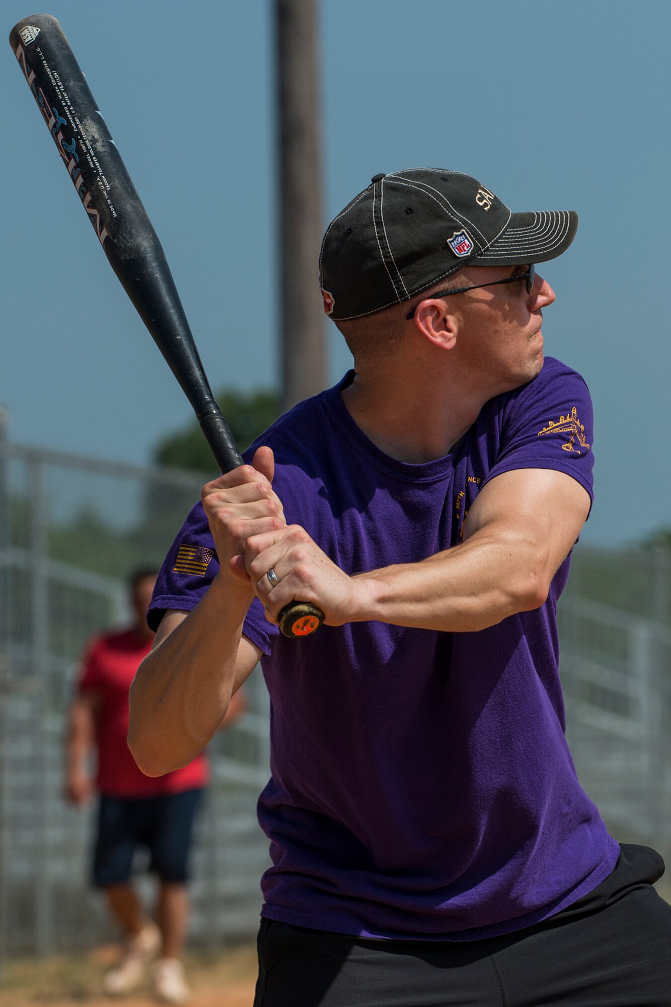 U.S. Air Force Lt. Col. George Cole III waits for the pitch during a softball game on June 2, 2018, Barksdale AFB, La. Cole is the commander of the 307th Maintenance Squadron and the game was held in his honor since he’ll be relinguishing command of the squadron in July. (U.S. Air Force photo by Master Sgt. Greg Steele/Released)