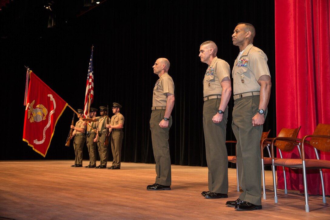 U.S. Marines Corps Maj. Gen. Kevin M. Iiams, commanding general (CG), Training and Education Command, stands at attention for Honors during the Training Command change of command at Warner Hall, Marine Corps Base Quantico, Va., May 18, 2018. Brig. Gen. Jason Q. Bohm, outgoing CG, Training Command, relinquished command to Col. Calvert Worth Jr., Brig. Gen. select, incoming CG, Training Command. (U.S. Marine Corps photo by Cpl. Brooke Deiters)