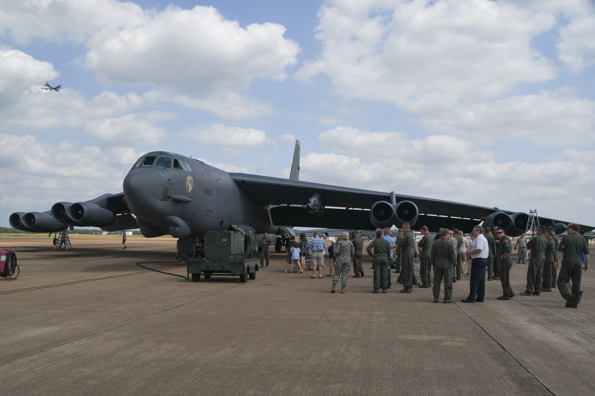 Col. Christopher Anderson, 307th Bomb Wing vice commander, and Maj. Matthew Daly, a flight scheduler assigned to the 11th Bomb Squadron, took their final flight on a B-52 Stratofortress out of Barksdale Air Force Base, Louisiana, June 1,2018. (U.S. Air Force photo by Master Sgt. Dachelle Melville/Released)