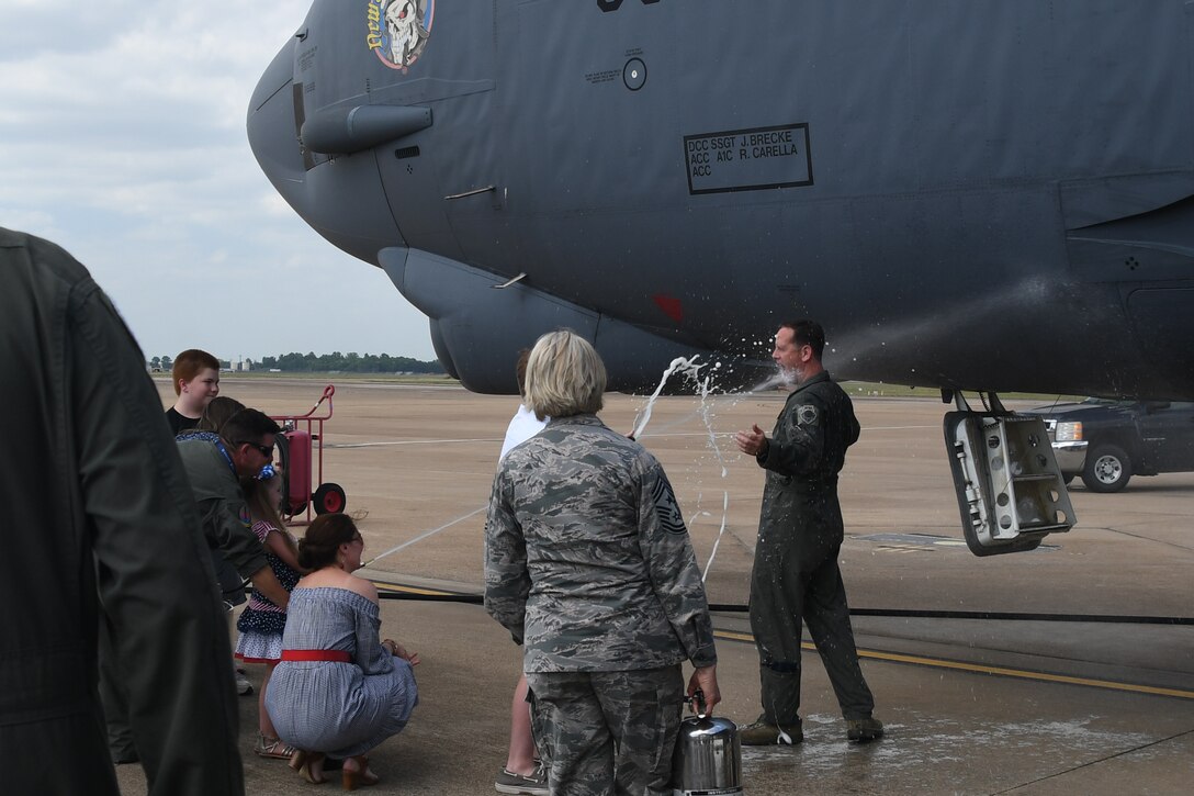 Col. Christopher Anderson, 307th Bomb Wing vice commander, and Maj. Matthew Daly, a flight scheduler assigned to the 11th Bomb Squadron, took their final flight on a B-52 Stratofortress out of Barksdale Air Force Base, Louisiana, June 1,2018. (U.S. Air Force photo by Master Sgt. Dachelle Melville/Released)