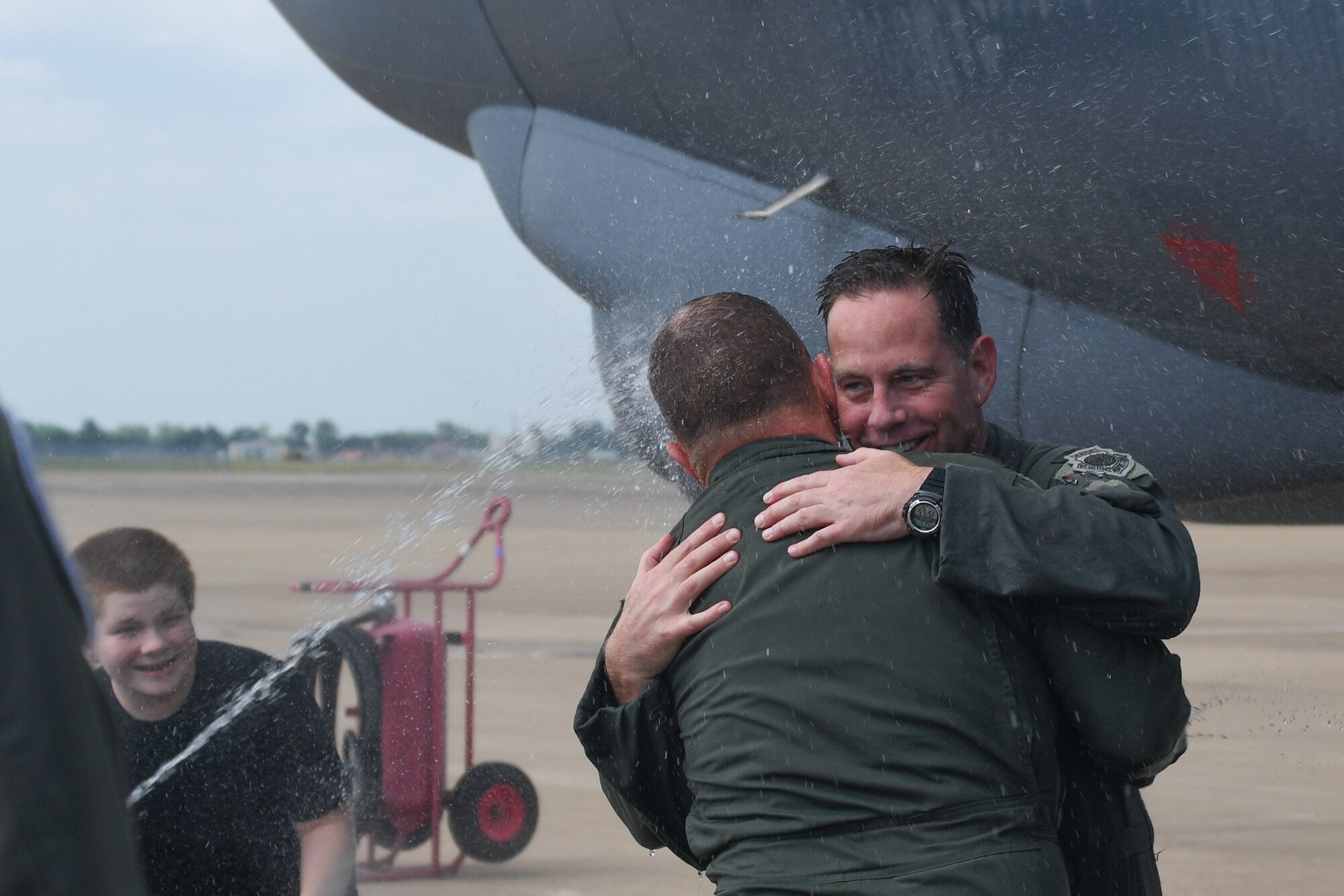 Col. Christopher Anderson, 307th Bomb Wing vice commander, and Maj. Matthew Daly, a flight scheduler assigned to the 11th Bomb Squadron, took their final flight on a B-52 Stratofortress out of Barksdale Air Force Base, Louisiana, June 1,2018. (U.S. Air Force photo by Master Sgt. Dachelle Melville/Released)